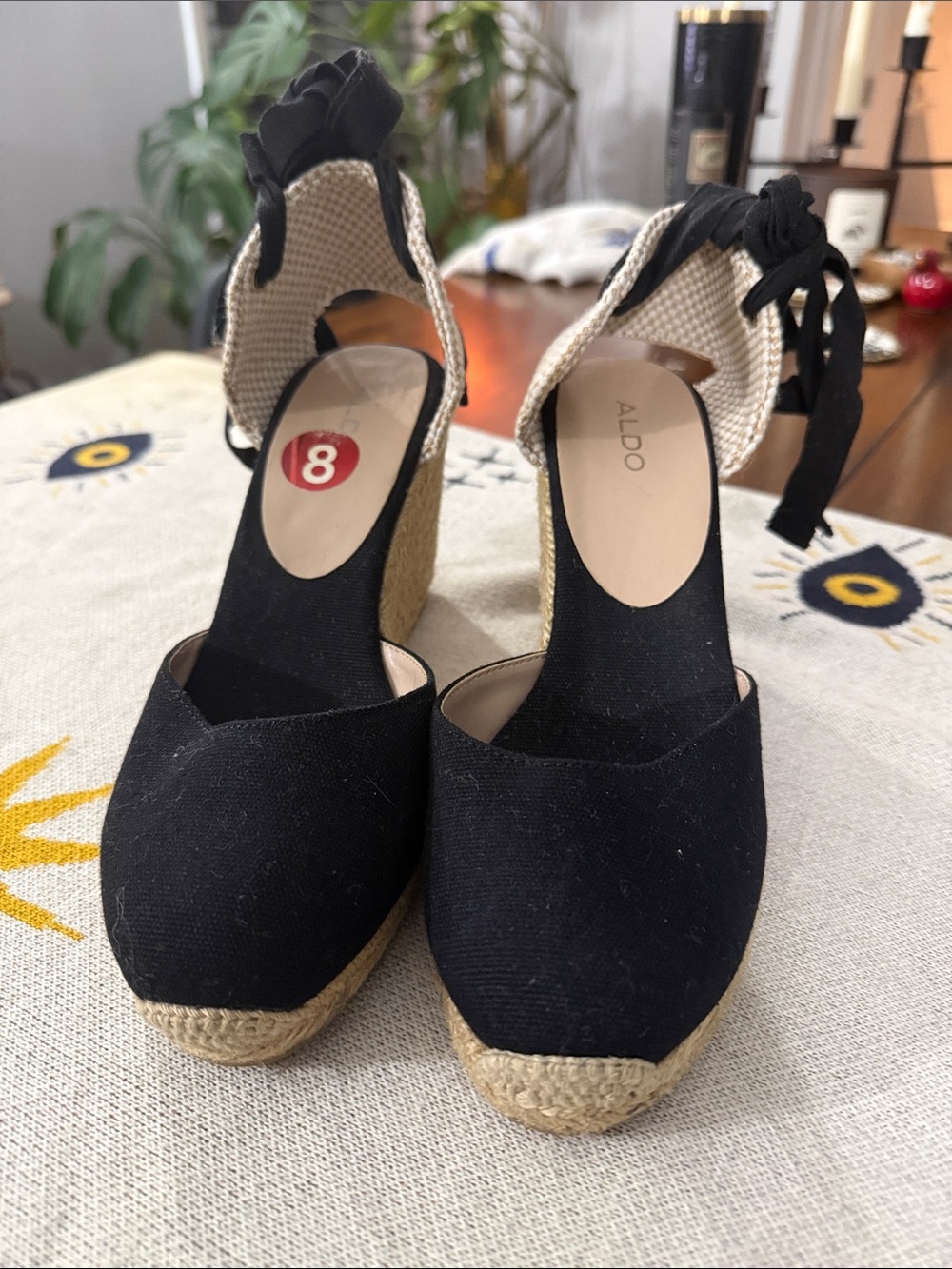ALDO Black Espadrille Wedge Sandals with Ankle Tie Detail